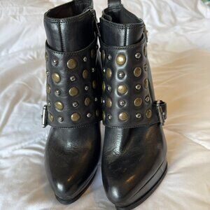 Michael Kors Black Leather Studded Ankle Booties with Gold and Silver Accents